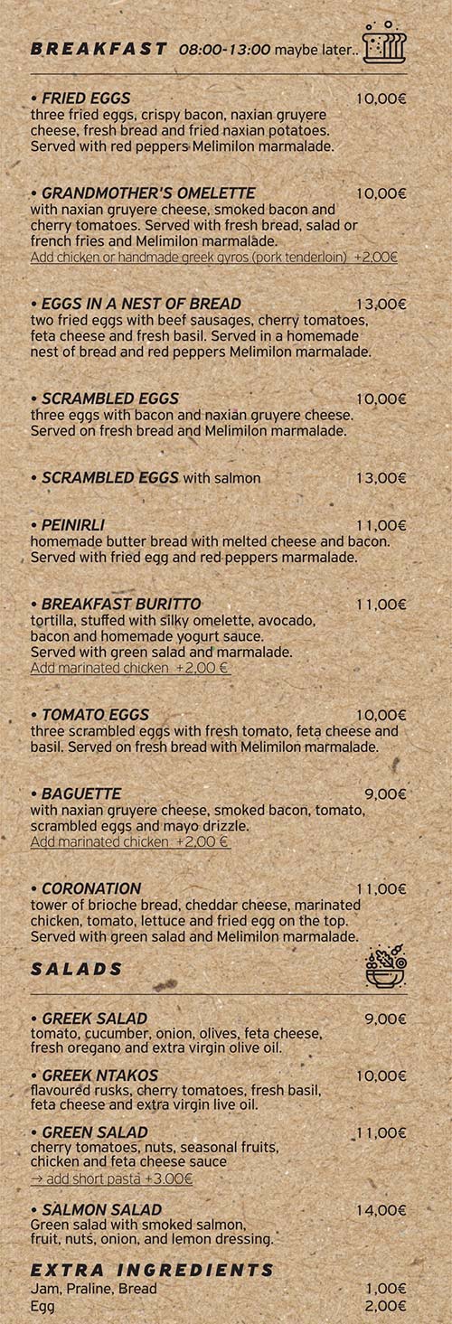 The menu of Pantry coffee and brunch spot in Naxos